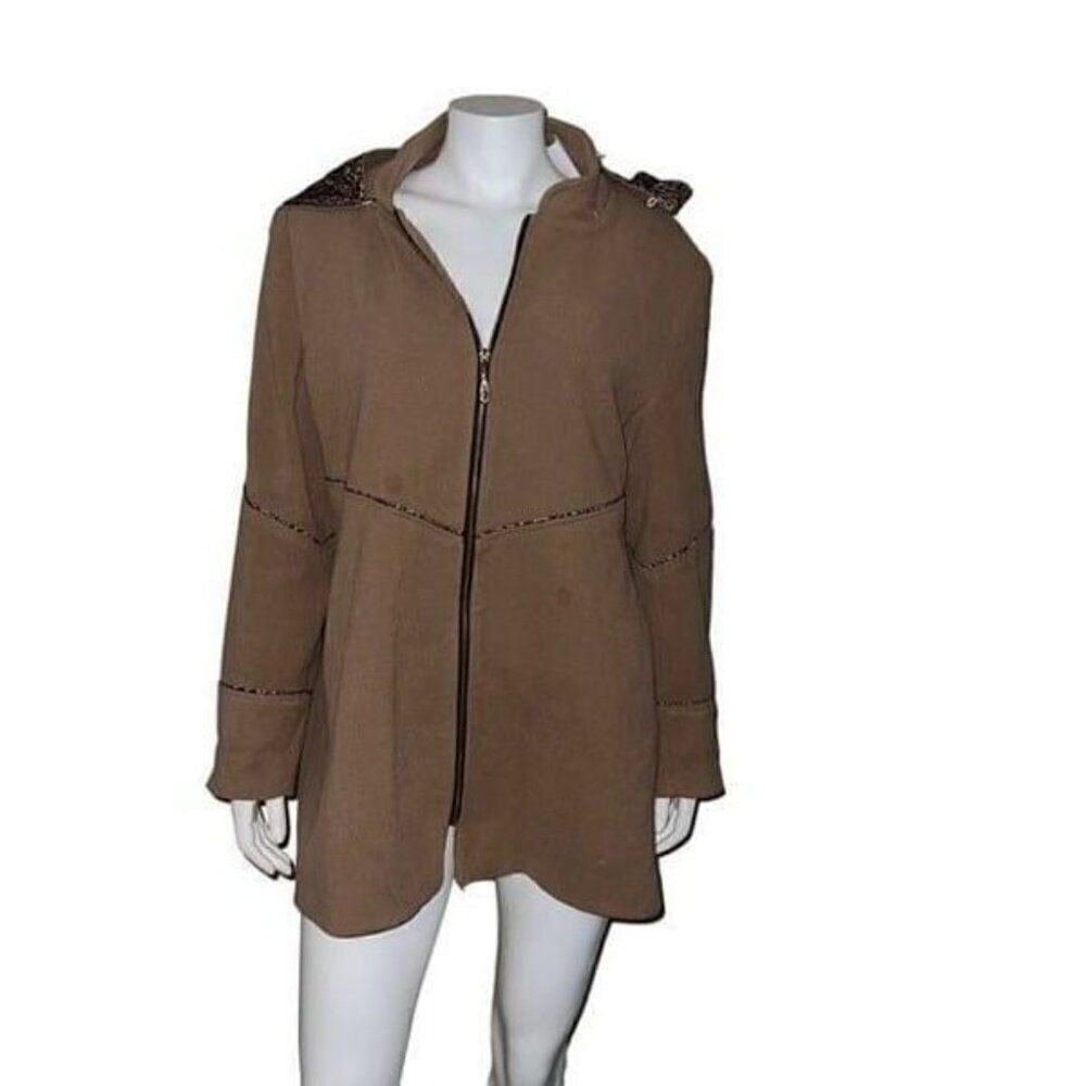 Asmanto Womens Zippered Hooded Coat Leopard Print Camel Euro 46 US Size 14 NWD